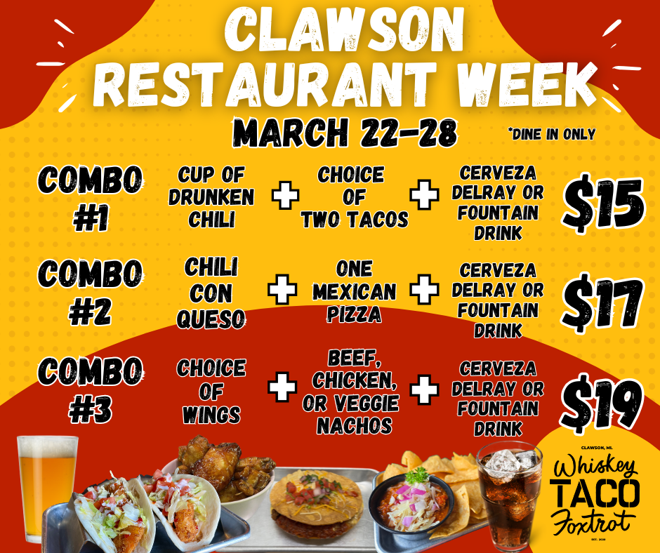 Whiskey Taco Foxtrot Restaurant Week specials: Combo 1 for $15, Combo 2 for $17, Combo 3 for $19. Dine in only.